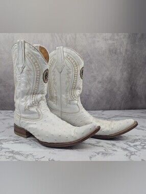 Donaldo White Full Quill Ostrich Leather Cowboy Boots Men's 8.5 Western Mexico